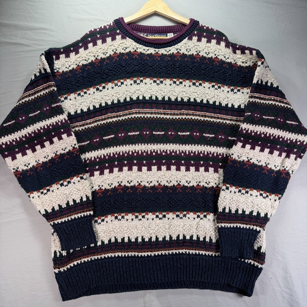 Vintage Grandpa Sweater Mens Large Roll Neck Multicolor Chunky Knit Made in USA